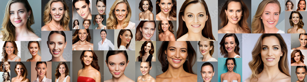 Collage of young beautiful women portraits. Collection of fashion models faces close up. Generative AI Collage of young beautiful women portraits. Collection of fashion models faces close up. Generative AI