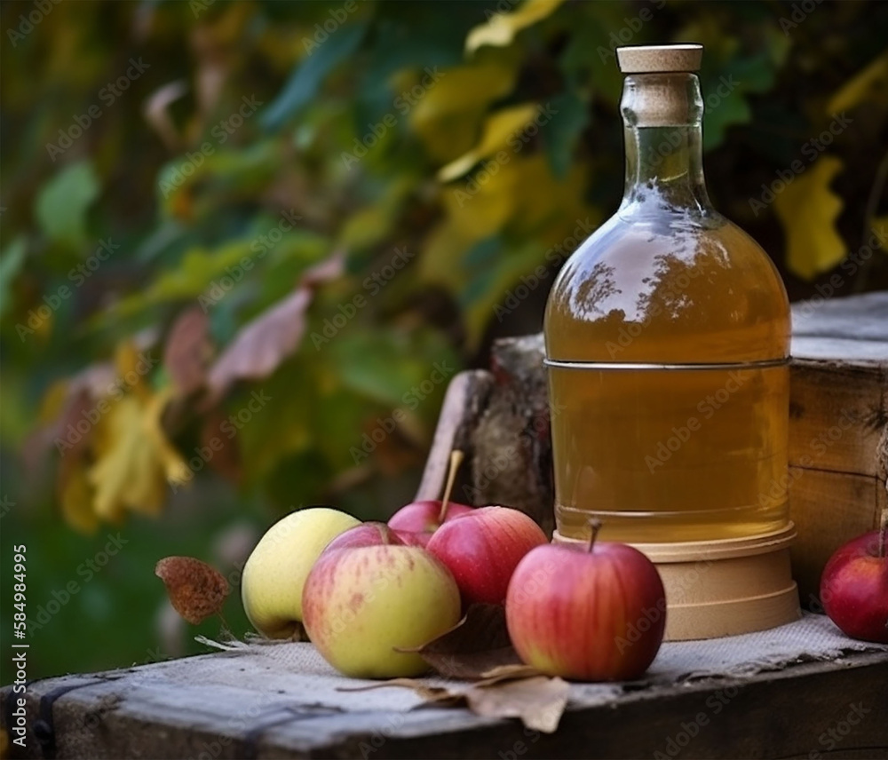 Cider in an old bottle on the background of the garden. Apples in the foreground. Generative AI. Cider in an old bottle on the background of the garden. Apples in the foreground. Generative AI.