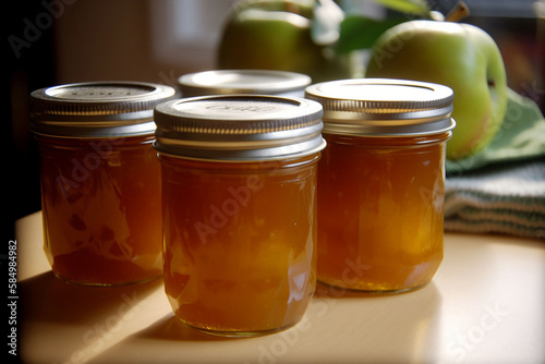 Apple Jam in jars on the table in the kitchen. Apples in the background, soft light, morning. Generative AI.