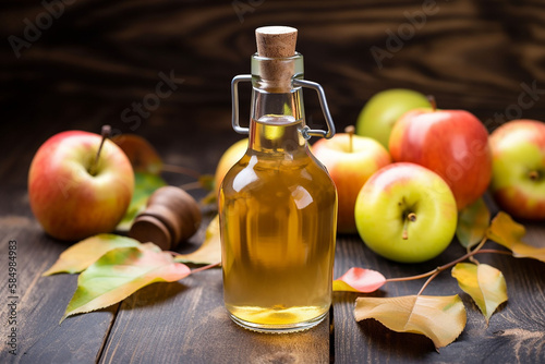 Cider in a bottle on a table with apples and leaves of an apple tree.Dark background.   Generative AI.