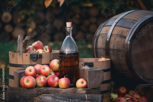 A bottle of cider in the garden against the backdrop of a barrel for fermentation. Apples, apple orchard. Generative AI.