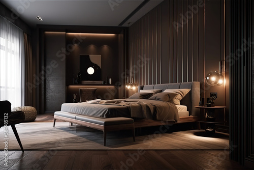 The modern interior design of luxury apartments, bedrooms, homes, and hotel decorations, 3d rendering, and generative AI tool. © MrNobody