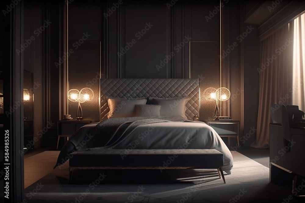 The modern interior design of luxury apartments, bedrooms, homes, and hotel decorations, 3d rendering, and generative AI tool.