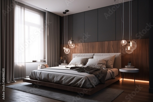 The modern interior design of luxury apartments, bedrooms, homes, and hotel decorations, 3d rendering, and generative AI tool. © MrNobody