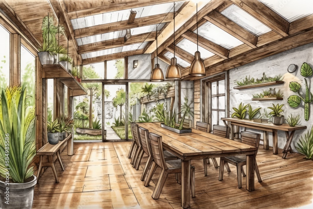 Fototapeta premium Architect interior designer concept unfinished hand drawn project becomes rural wooden dining room. Chairs and table décor. Japandi style,. Generative AI
