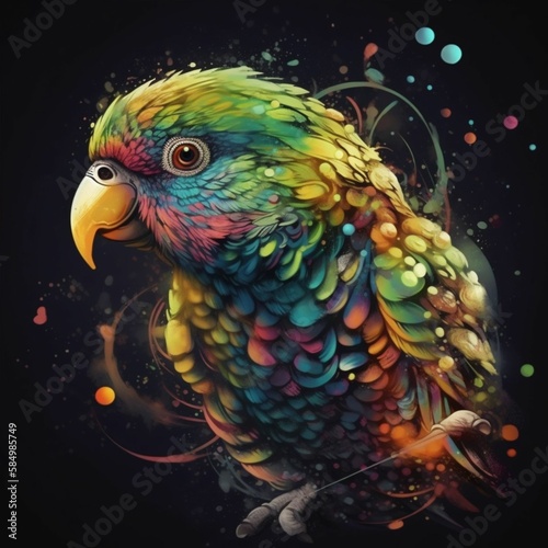 Parakeet in dark background with bubbles, droplets, and psychedelic swirling colors.