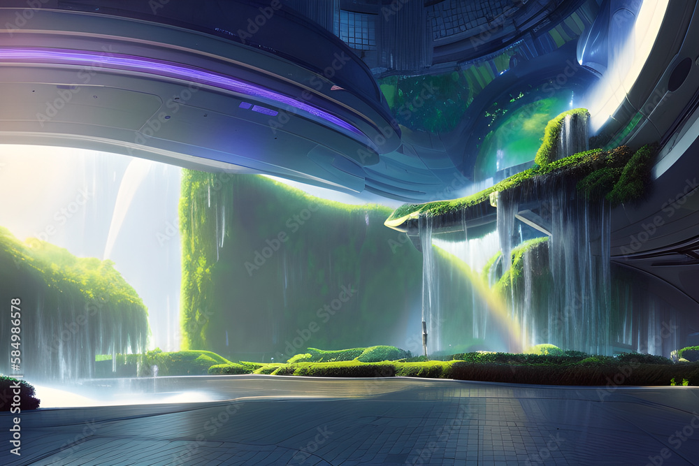 futuristic shopping mall with waterfalls inside a space station with plants conecpt art