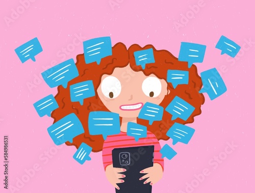 Woman overwhelmed by social media. Stress and anxyety illustration. photo