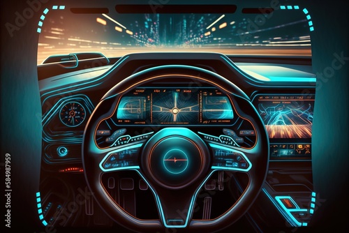 Modern car interior with neon illuminated monitor. Car HUD. Generative AI © DZMITRY