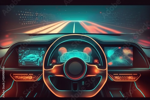 Modern car interior with neon illuminated monitor. Car HUD. Generative AI