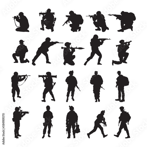 Set armed soldiers silhouette vector illustration.