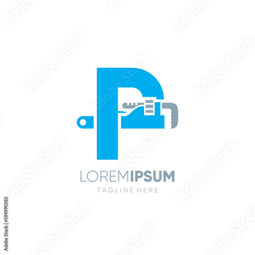 Letter P Initial Pipe Wrench Logo Design Vector Icon Graphic Emblem Illustration