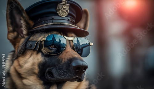 german shepherd in police cap and sunglasses