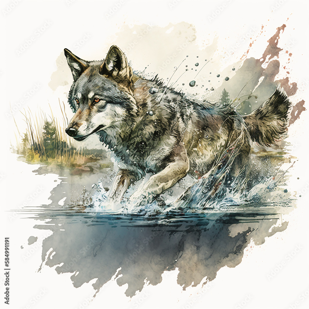 A watercolor sketch of a gray wolf hunting its prey with Generative AI technology.