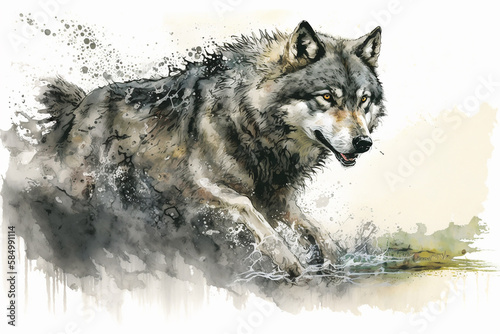 A watercolor sketch of a gray wolf hunting its prey with Generative AI technology.
