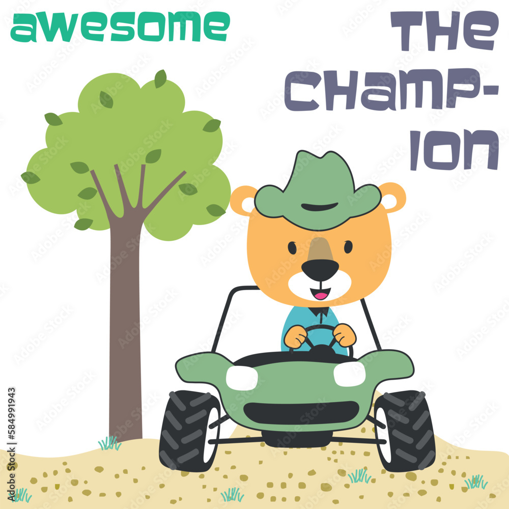 Vector illustration of cute little lion on a off road car go to forest, Can be used for t-shirt print, kids wear, invitation card. fabric, textile, nursery wallpaper, poster and other decoration. Vector illustration of cute little lion on a off road car go to forest, Can be used for t-shirt print, kids wear, invitation card. fabric, textile, nursery wallpaper, poster and other decoration.