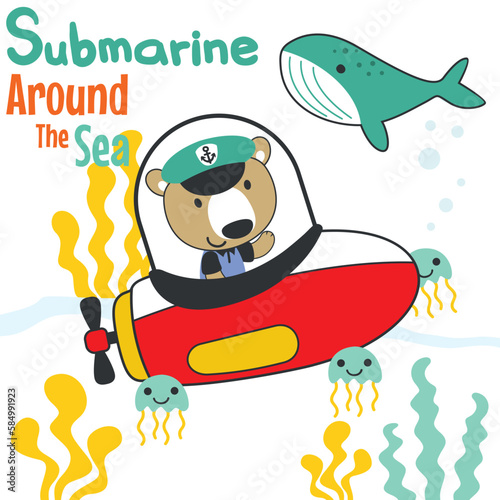 Diving with funny bear driving submarine. Creative vector childish background for fabric, textile, nursery wallpaper, poster, card, brochure. vector illustration background.