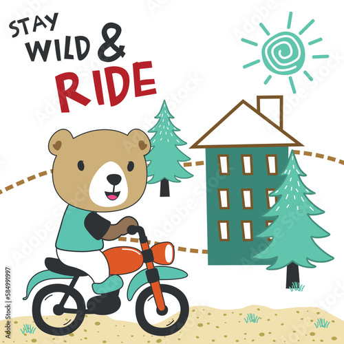 Vector illustration of cute little bear ride motorcycle. Creative vector childish background for fabric  textile  nursery wallpaper  poster  card  brochure. and other decoration.