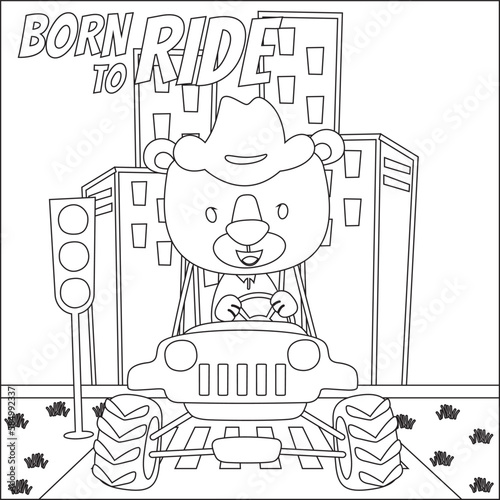 Cute bear cartoon having fun driving off road car on sunny day. Cartoon isolated vector illustration, Creative vector Childish design for kids activity colouring book or page.