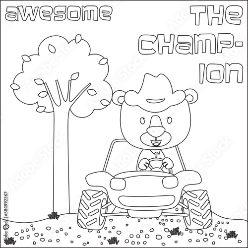 Cute bear cartoon having fun driving off road car on sunny day. Cartoon isolated vector illustration, Creative vector Childish design for kids activity colouring book or page.