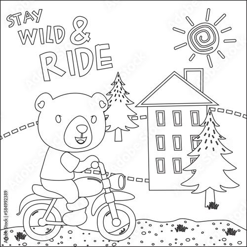 cool bear and motorcycle funny animal cartoon. Creative vector childish design for kids activity coloring book or page.