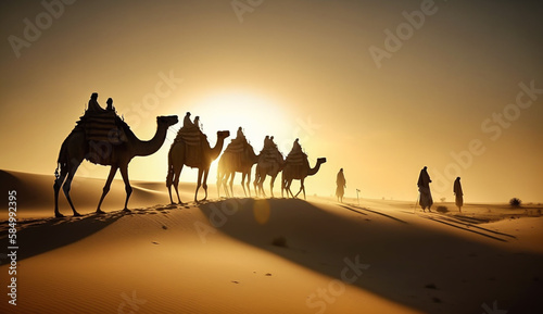 camel caravan goes through the desert, silhouettes against the sun