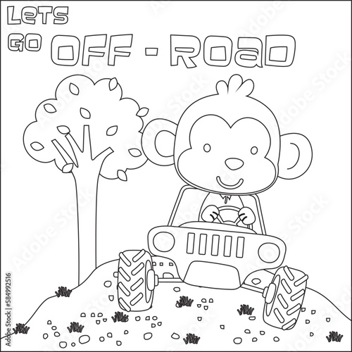 Cute monkey cartoon having fun driving off road car on sunny day. Cartoon isolated vector illustration, Creative vector Childish design for kids activity colouring book or page.