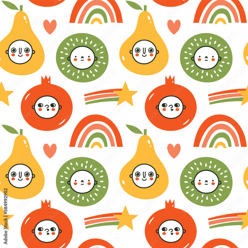 Cute seamless pattern with baby faces, kawaii fruits, rainbow in doodle style. Flat hand drawn vector summer background for wrapping paper, childrens merch, baby shower, fabric, textile.