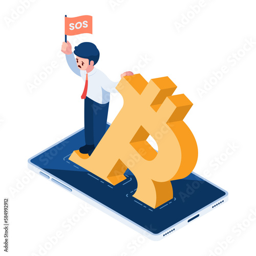 Isometric Businessman Standing on Sinking Bitcoin