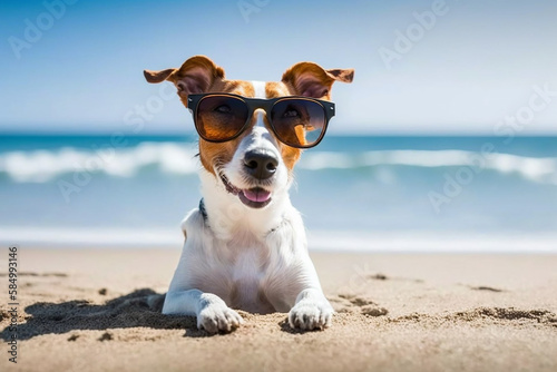 Cute dog - jack Russell terrier, enjoying on the beach. Generative Ai © Tijana