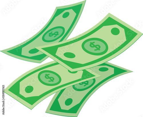 Cash dollar green banknotes flying currency money isometric vector illustration