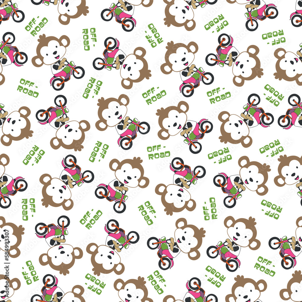 Fototapeta premium Seamless pattern texture with Cute little monkey Riding motorcycle, Cartoon Vector Icon Illustration. For fabric textile, nursery, baby clothes, background, textile, wrapping paper and other 