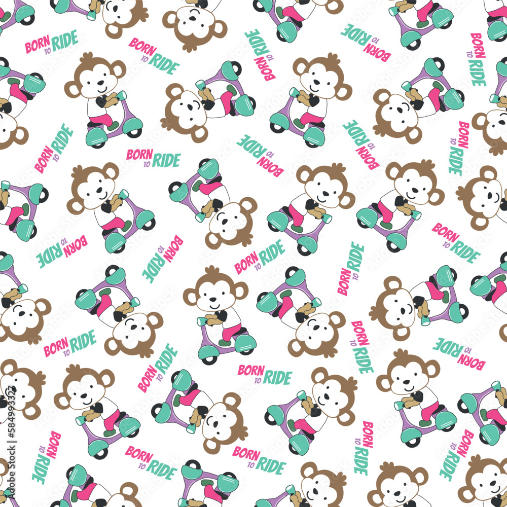 Cartoon seamless pattern of cute monkey riding Scooter . Can be used for t-shirt printing, children wear fashion designs and other decoration. Cartoon seamless pattern of cute monkey riding Scooter . Can be used for t-shirt printing, children wear fashion designs and other decoration.
