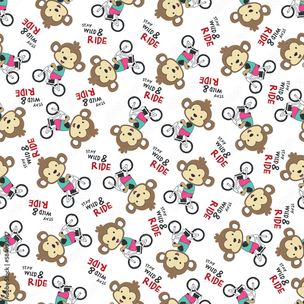 Obraz premium Cute monkey riding a bicycle. Trendy children graphic. Vector illustration. T-Shirt Design for children. Design elements for kids.