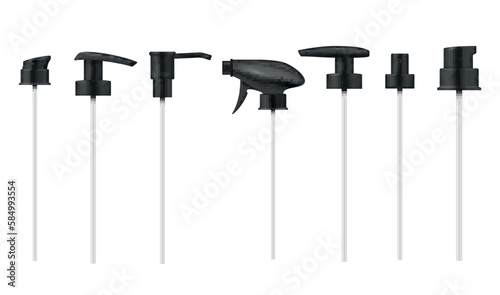 Pump dropper sprayer for cosmetic bottle black cap design set realistic vector illustration