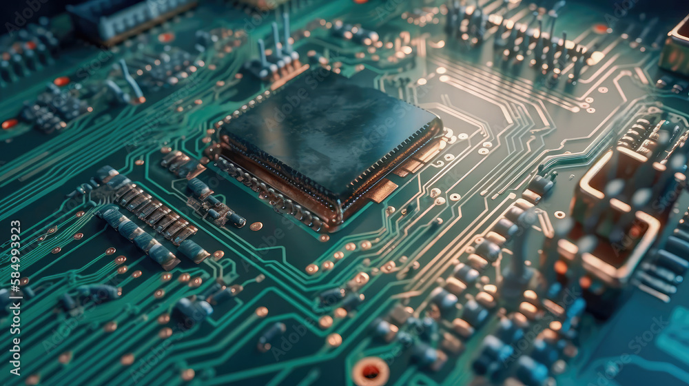 Close-up of an electrical printed circuit board. Multicore, gold and blue, super powerful. Generative AI Close-up of an electrical printed circuit board. Multicore, gold and blue, super powerful. Generative AI