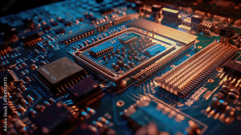 Close-up of an electrical printed circuit board. Multicore, gold and blue, super powerful. Generative AI Close-up of an electrical printed circuit board. Multicore, gold and blue, super powerful. Generative AI