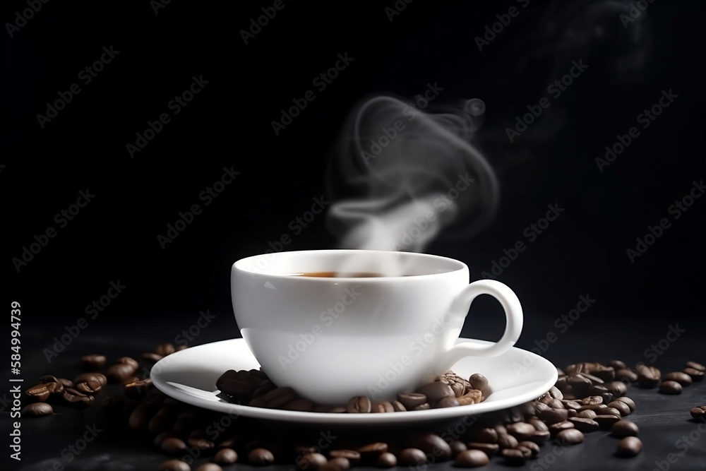 Fototapeta premium Closeup of White Cup of Espresso Coffee on Table with Black Coffee Beans on White Background