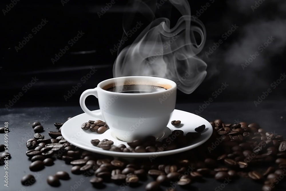 Closeup of White Cup of Espresso Coffee on Table with Black Coffee Beans on White Background Closeup of White Cup of Espresso Coffee on Table with Black Coffee Beans on White Background