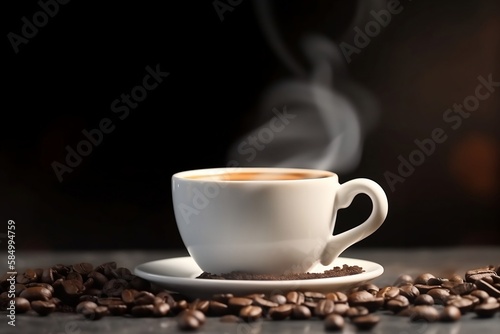 Closeup of White Cup of Espresso Coffee on Table with Black Coffee Beans on White Background