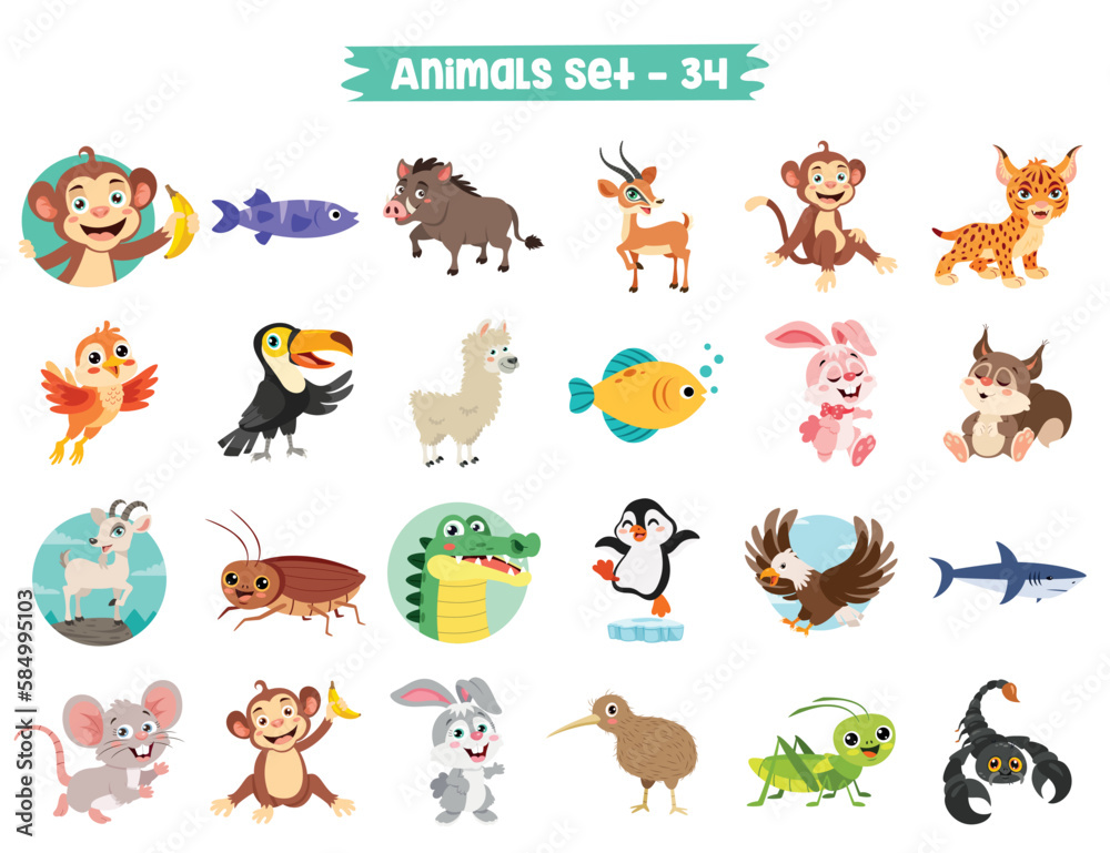 Set Of Cute Cartoon Animals Set Of Cute Cartoon Animals