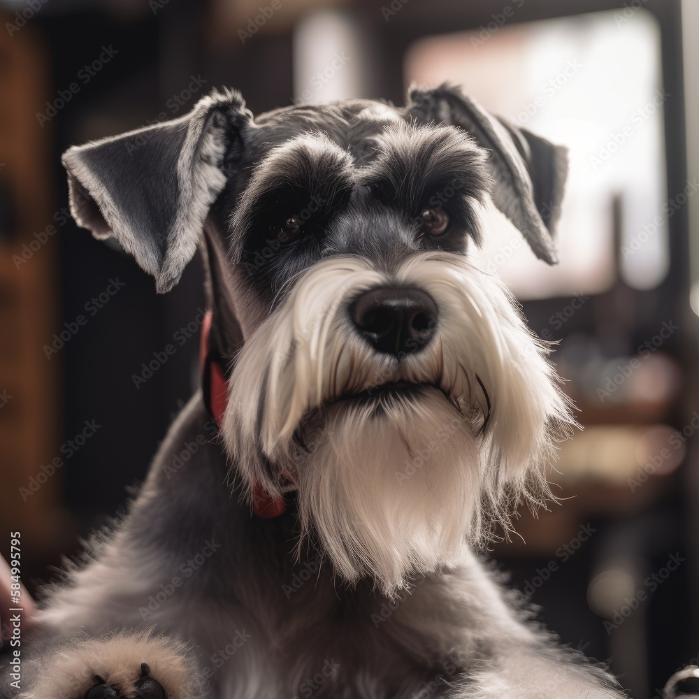 Cute schnauzer dog facing the camera . Made with Generative AI.