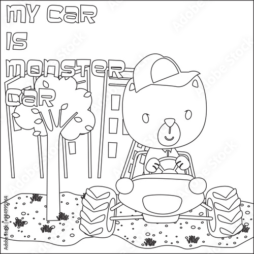 Cute bear cartoon having fun driving off road car on sunny day. Cartoon isolated vector illustration, Creative vector Childish design for kids activity colouring book or page.