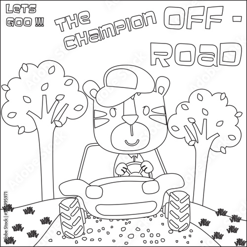 Cute tiger cartoon having fun driving off road car on sunny day. Cartoon isolated vector illustration, Creative vector Childish design for kids activity colouring book or page.
