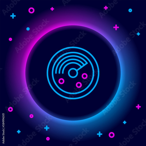Glowing neon line Radar with targets on monitor in searching icon isolated on black background. Search system. Navy sonar. Colorful outline concept. Vector