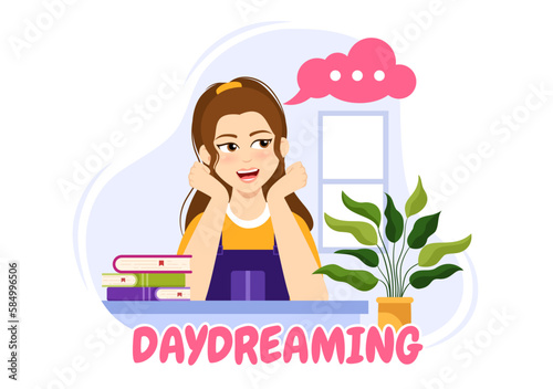 People Daydreaming Illustration with Imagining and Fantasizing in Bubble for Landing Page or Poster Templates in Flat Cartoon Hand Drawn