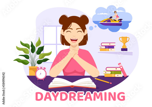 People Daydreaming Illustration with Imagining and Fantasizing in Bubble for Landing Page or Poster Templates in Flat Cartoon Hand Drawn