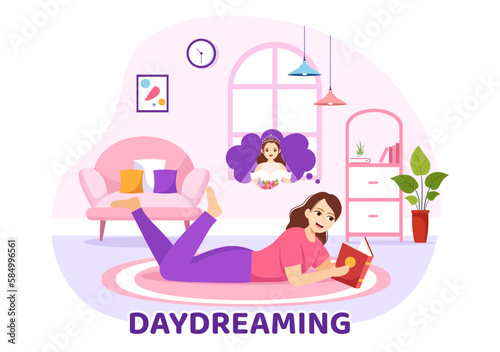 People Daydreaming Illustration with Imagining and Fantasizing in Bubble for Landing Page or Poster Templates in Flat Cartoon Hand Drawn