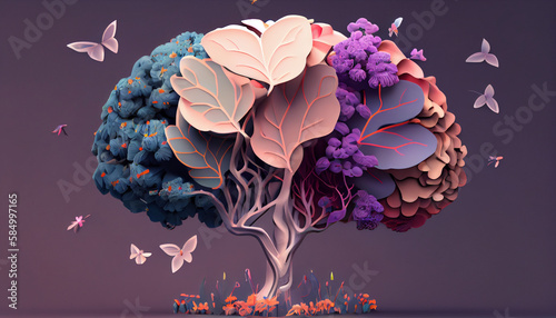 Human brain tree with flowers, self care and mental health concept, positive thinking, creative mind, generative AI