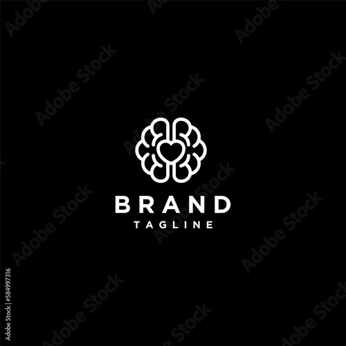 White Brain Icon With Heart Symbol Inside. Black And White Heart Icon inside Brain Symbol Logo Design.